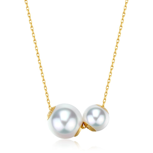 White Akoya Dual Pearl Pendant Necklace 18K Gold